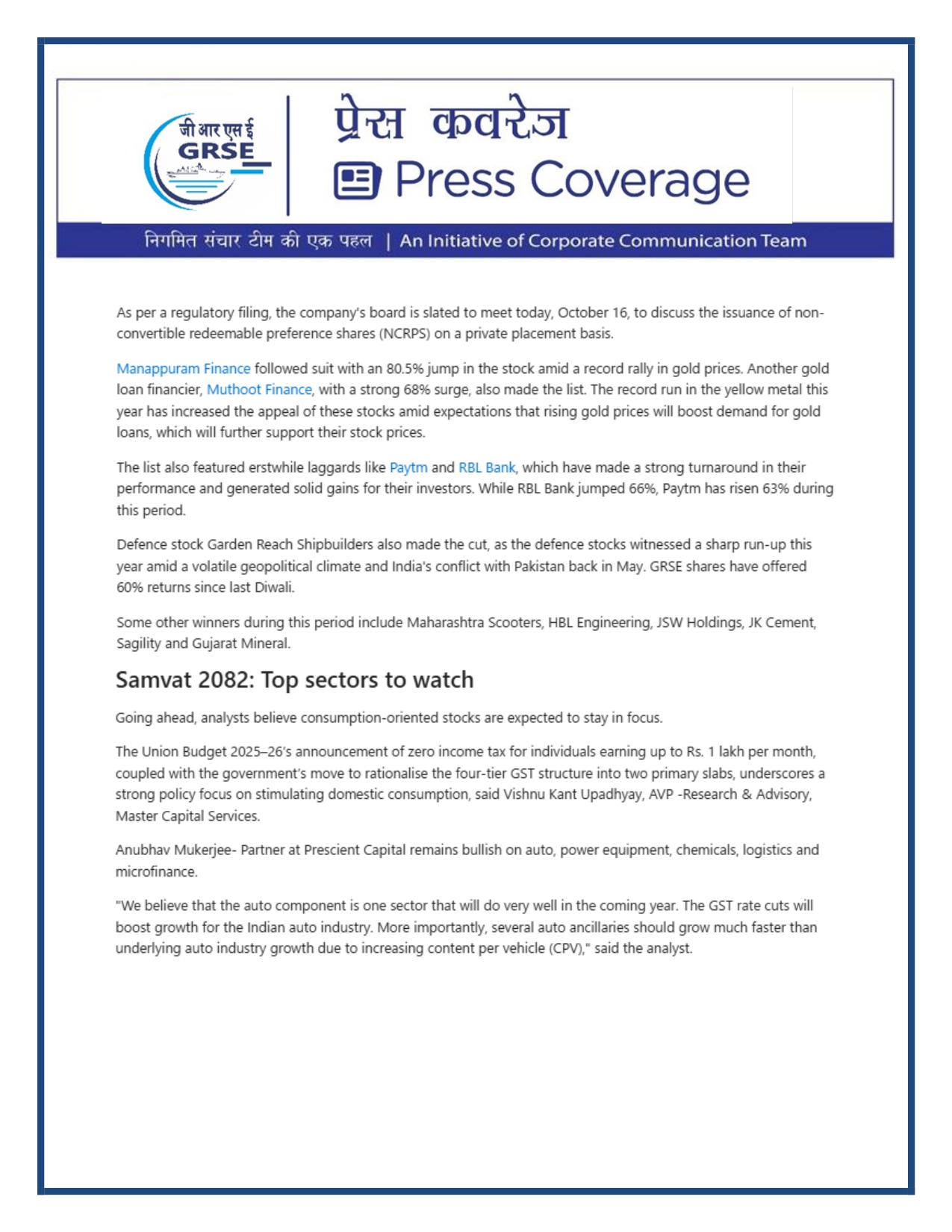 Press Coverage: 17 Oct 25:GRSE Strengthens Indigenous Research Shipbuilding with Keel Laying of Acoustic Research Ship for NPOL